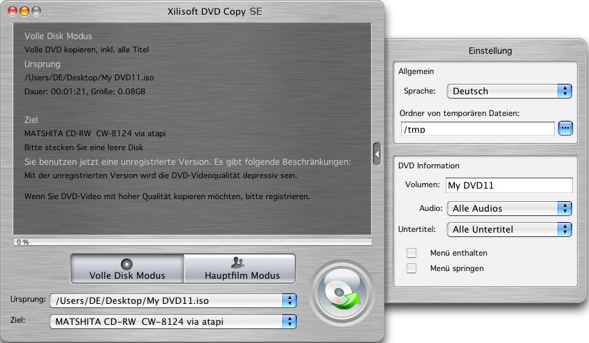 Screenshot vom Programm: Xilisoft DVD Copy for Mac