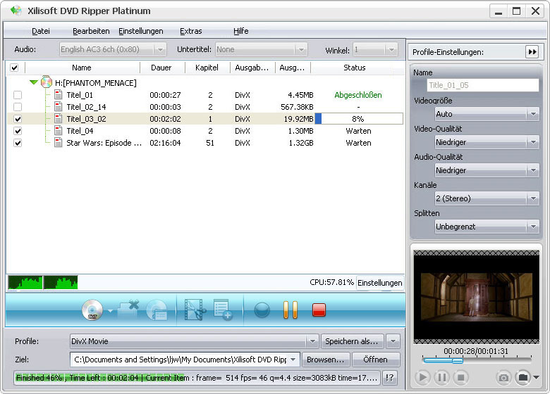 Screenshot vom Programm: Xilisoft DVD Ripper Platinum