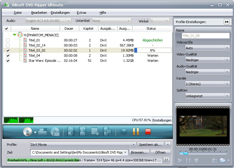 Screenshot vom Programm: Xilisoft DVD Ripper Ultimate