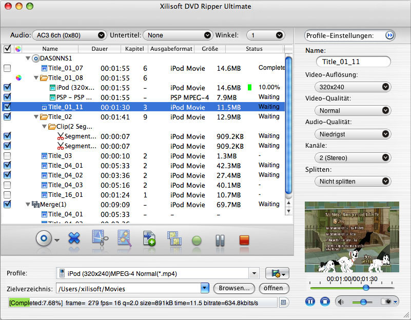 Screenshot vom Programm: Xilisoft DVD Ripper Ultimate Mac