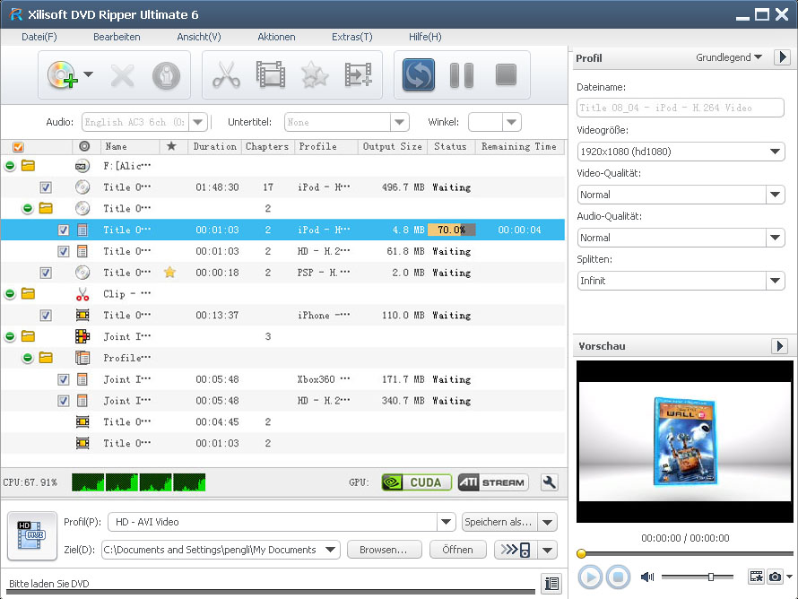 Screenshot vom Programm: Xilisoft DVD Ripper Ultimate