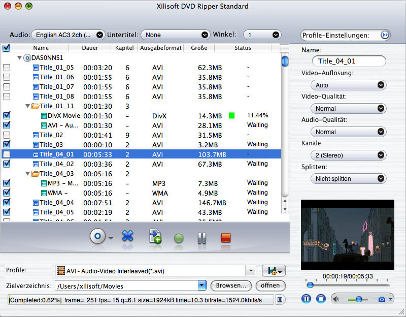 Screenshot vom Programm: Xilisoft DVD Ripper Standard Mac