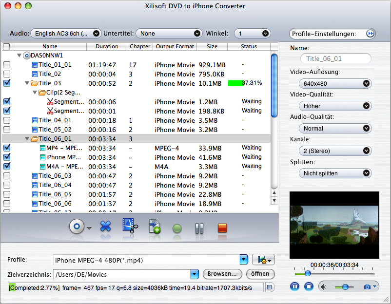 Screenshot vom Programm: Xilisoft DVD to iPhone Converter for Mac