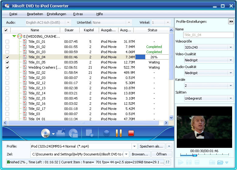 Screenshot vom Programm: Xilisoft DVD to iPod Converter