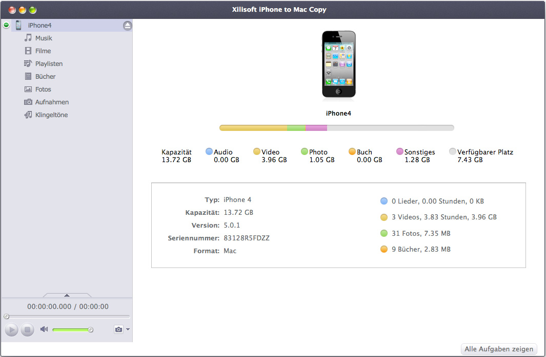 Screenshot vom Programm: Xilisoft iPhone to Mac Copy